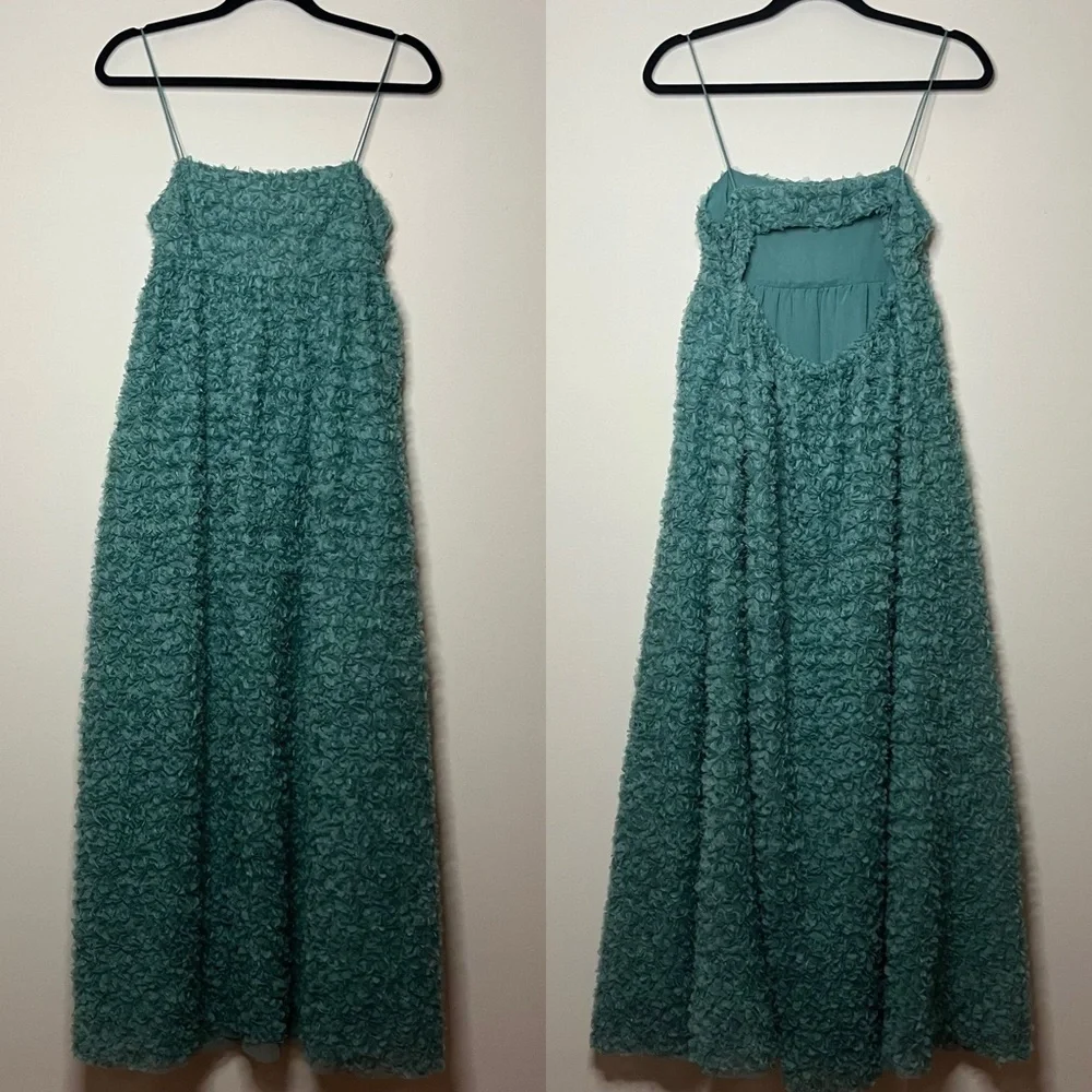 ZARA Textured Weave Sea Foam Green Floral Spaghetti Strap Summer Midi Dress - Picture 3 of 10